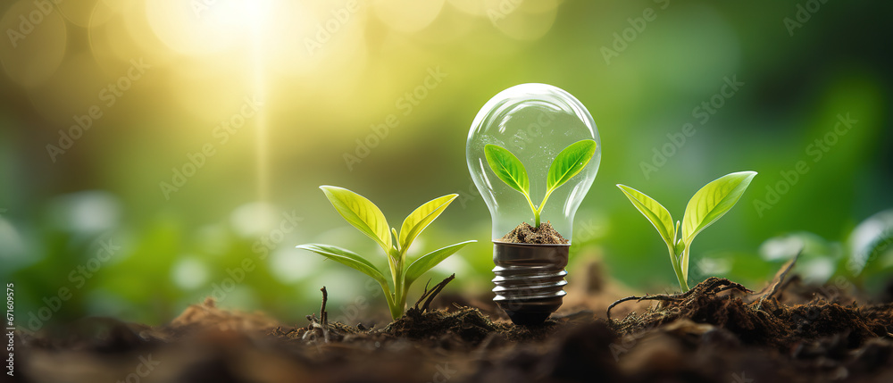 Blooming plant inside light bulb, representing eco-friendly green technology and innovation for sustainable businesses - obrazy, fototapety, plakaty 