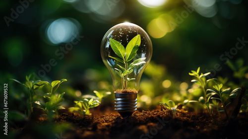 Blooming plant inside light bulb, representing eco-friendly green technology and innovation for sustainable businesses photo