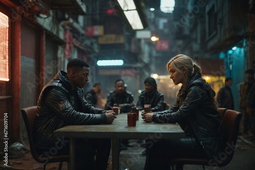 A clandestine meeting in a futuristic cyberpunk slum.