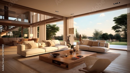 modern villa with cream color and brown wood, modern interior design with large windows, copy space, 16:9