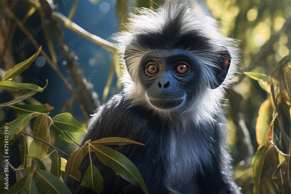 Obraz premium Image of colobus monkey on the tree in natural jungle. Wildlife Animals.