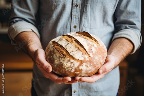 Middle aged Caucasian female baker in apron holding round bread in hands over home bakery background. Close-up photo of a male hands with freshly baked bread.