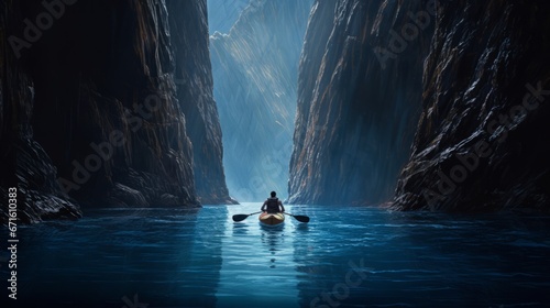 man kayaking across a blue ravine, copy space, 16:9