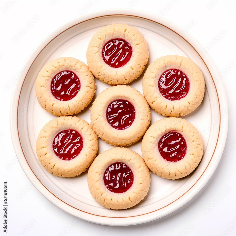 Thumbprint cookies filled with raspberry jam on a plate top view on isolated white background - ai generative