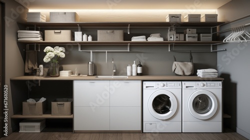 laundry room with a modern design, copy space, 16:9