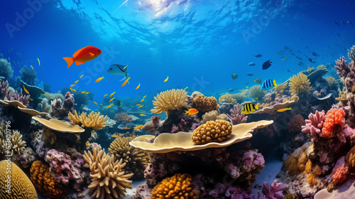 Beautiful underwater view of a coral reef with many different tropical fish.