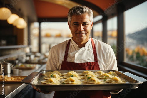 A cook holding a large tray with fresh ravioli on top, in sun restaurant. Generative AI.
