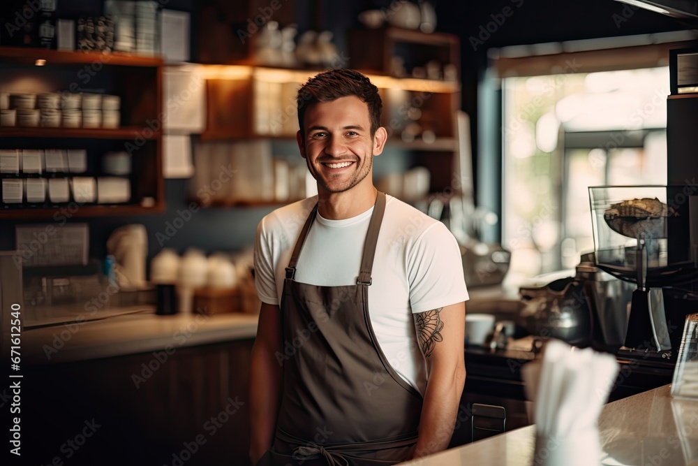 Cheerful young male Caucasian barista, standing at counter in coffee shop, taking order for cup of coffee.