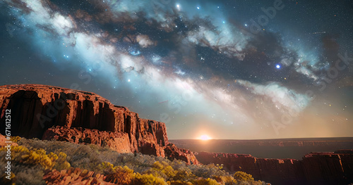 Mountain landscape with starry night and milky way galaxy. 