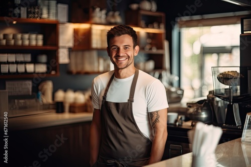 Cheerful young male Caucasian barista, standing at counter in coffee shop, taking order for cup of coffee. © Stavros