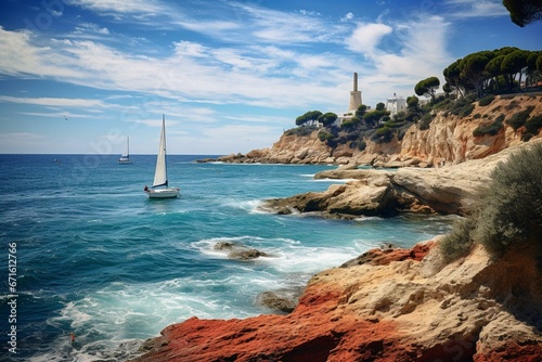 A seaside scenery with lighthouse, sailboat, cliffs in Torredembarra, Tarragona, Catalonia, Spain. Generative AI photo