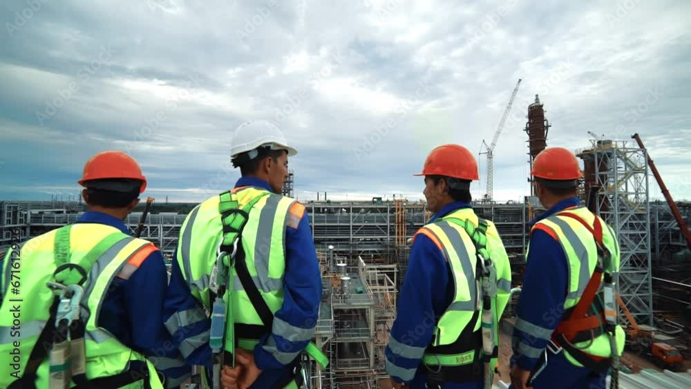 Group of industrial metalworker colleagues protective uniform examining refinery construction site Group of industrial metalworker colleagues protective uniform examining refinery construction site