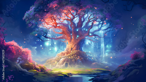 Enchanted magical forest with big tree