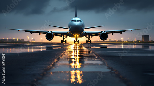 . Airplane on airport runway. Airplane on the platform of Airport. Landing aircraft closeup.World travel concept.