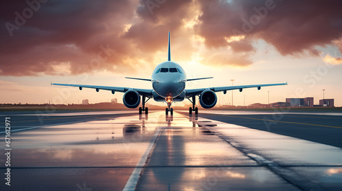  Airplane on airport runway. Airplane on the platform of Airport. Landing aircraft closeup.World travel concept.
