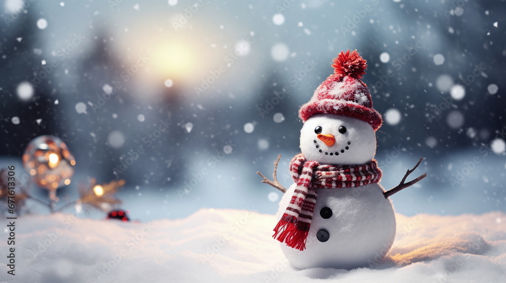 happy snowman against the background of falling snow in a red hat copy space