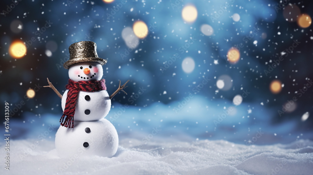 Snowman in a gray hat against the background of falling snow copy space