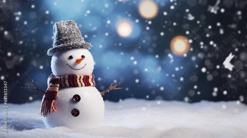 Snowman in a gray hat against a background of snow copy space