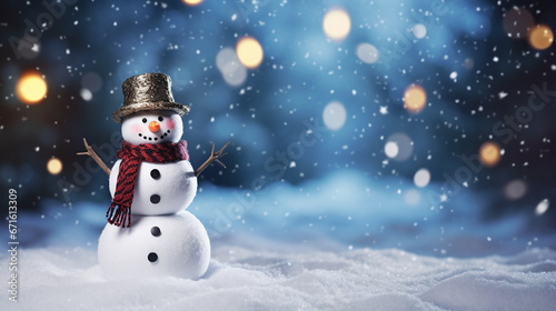 Snowman in a gray hat against the background of falling snow copy space © Ольга Барвинская