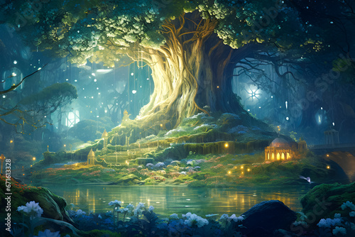 Enchanted forest with big magical tree
