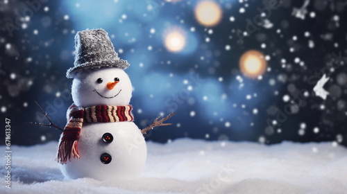 Snowman in a gray hat against a background of snow copy space © Ольга Барвинская