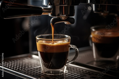 Espresso preparation by using coffee machine. Espresso pouring from coffee machine. Close-up of espresso pouring from coffee machine. Professional coffee brewing.