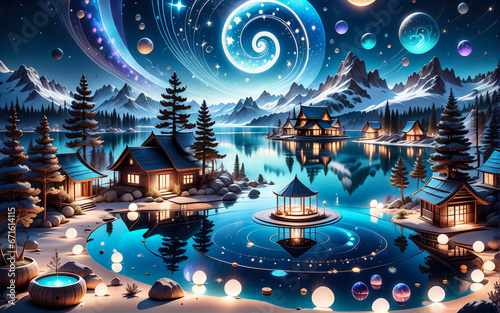 Fantastic fairy-tale landscape with houses on the water. AI