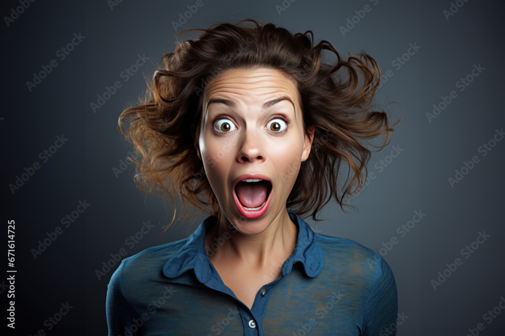 femme en gros plan avec une expression d'étonnement extrême, les yeux écarquillés et la bouche ouverte, photo studio fond neutre femme en gros plan avec une expression d'étonnement extrême, les yeux écarquillés et la bouche ouverte, photo studio fond neutre