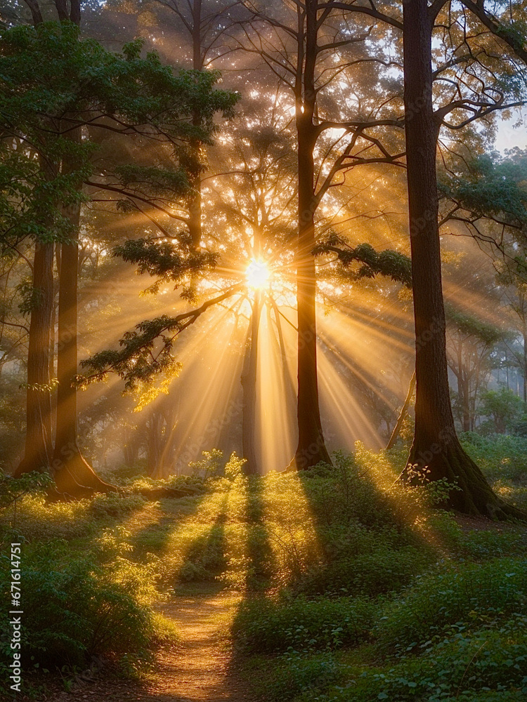 Obraz premium A view of a beautiful sunrise through the trees. AI generated