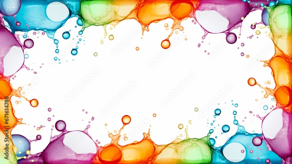 Frame made of rainbow colored water drops splashes, colorful liquid fluid, isolated on white background Frame made of rainbow colored water drops splashes, colorful liquid fluid, isolated on white background