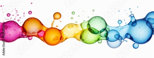 Rainbow colored water drops splashes, colorful liquid fluid, long banner, isolated on white background photo