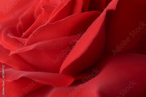 close-up macro view of red rose, timeless symbol of love and affection, deep vibrant red color and detailed beautiful blooming blossom background wallpaper, selective focus with copy space #671614732