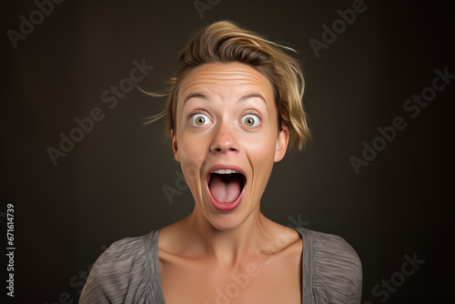 femme en gros plan avec une expression d'étonnement extrême, les yeux écarquillés et la bouche ouverte, photo studio fond neutre