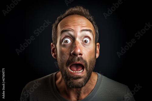 homme en gros plan avec une expression de grande surprise et d'étonnement, yeux écarquillés et bouche ouverte, photo studio arrière plan neutre photo