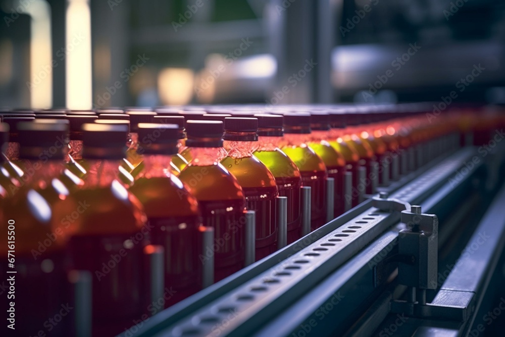 Multiple plastic bottles filled with beverages on a juice manufacturing conveyor belt. Generative AI