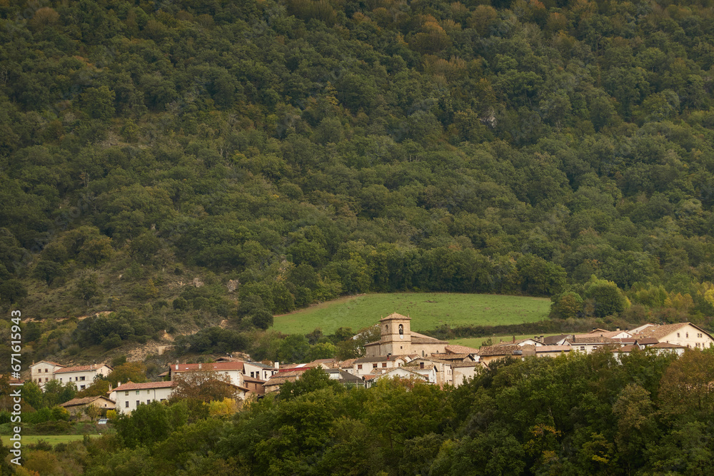 The town of Badecano seen from Zudaire, Navarra. In the Urbasa mountain range. Spain