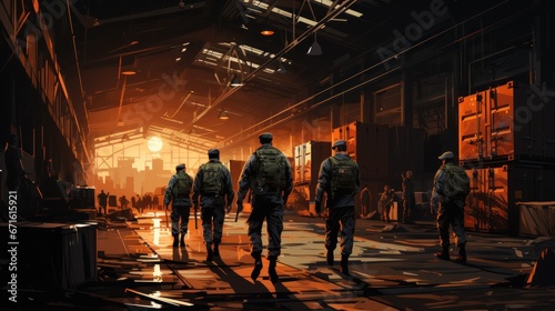 Wallpaper Mural Hangar. Military air base. Loading works. Military supply system for modern military operations. Process of unloading and redistributing ammunition and weapons for modern warfare. Torontodigital.ca
