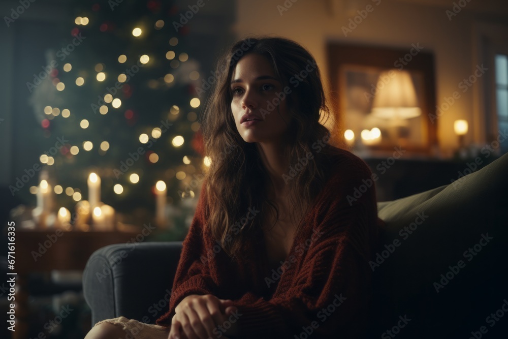 A woman relaxes on a sofa in a beautifully decorated house, basking in the tranquil ambiance of a Christmas setting.
A woman relaxes on a sofa in a beautifully decorated house, basking in the tranquil ambiance of a Christmas setting.