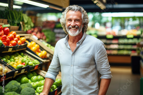 Successful grocery store owner waits for customers, offering fresh vegetables and fruits