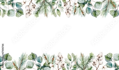 Watercolor vector Christmas card with fir branches and eucalyptus leaves. Template space for text, message, sign for greeting cards, invitation, wedding card, celebration, banner, print