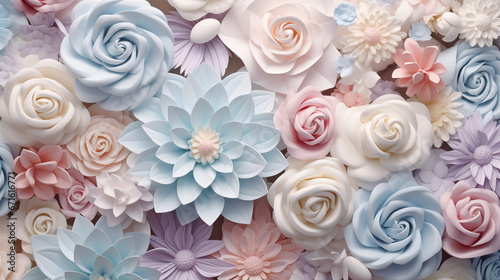 3D Flower Bouquet Patterns: Pastel Pink, Ivory, Mint Green, Lilac, Soft Yellow, Sky Blue, Lavender, Peach, Light Blue, Graceful Petals of Romantic and Delicate Flowers