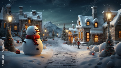 Snowman at night on Christmas street 