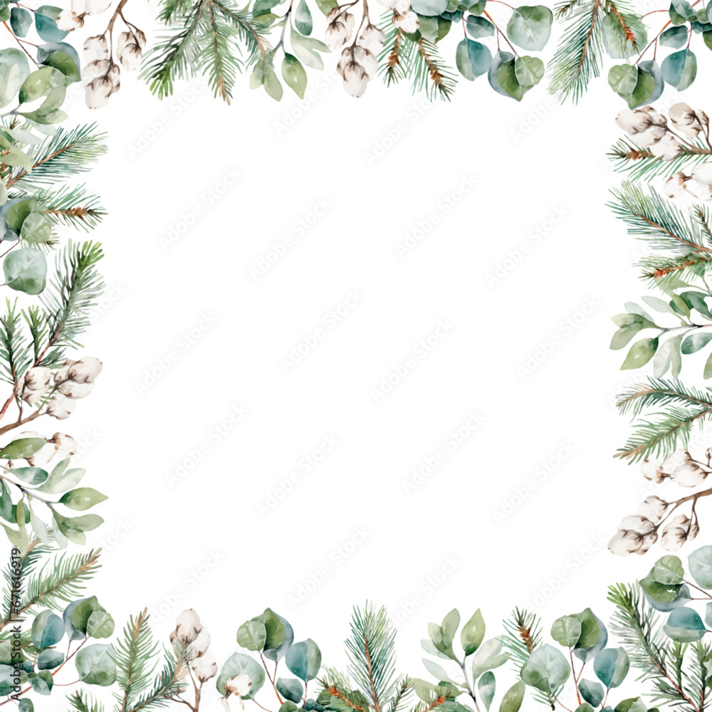 Watercolor vector winter frame in square shape, botanical hand drawn, isolated on white background. Template space for text, message, sign for greeting cards, invitation, wedding card, celebration