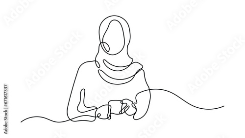 Beautifull Hijab Woman Drinking a Cup of Coffee Oneline Continuous Single Line Art Editable Line