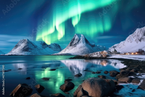 Beautiful Aurora Northern or Southern lights in starry night sky. Aurora borealis over the sky at islands. Night winter landscape with colorful scene  sea with sky reflection.