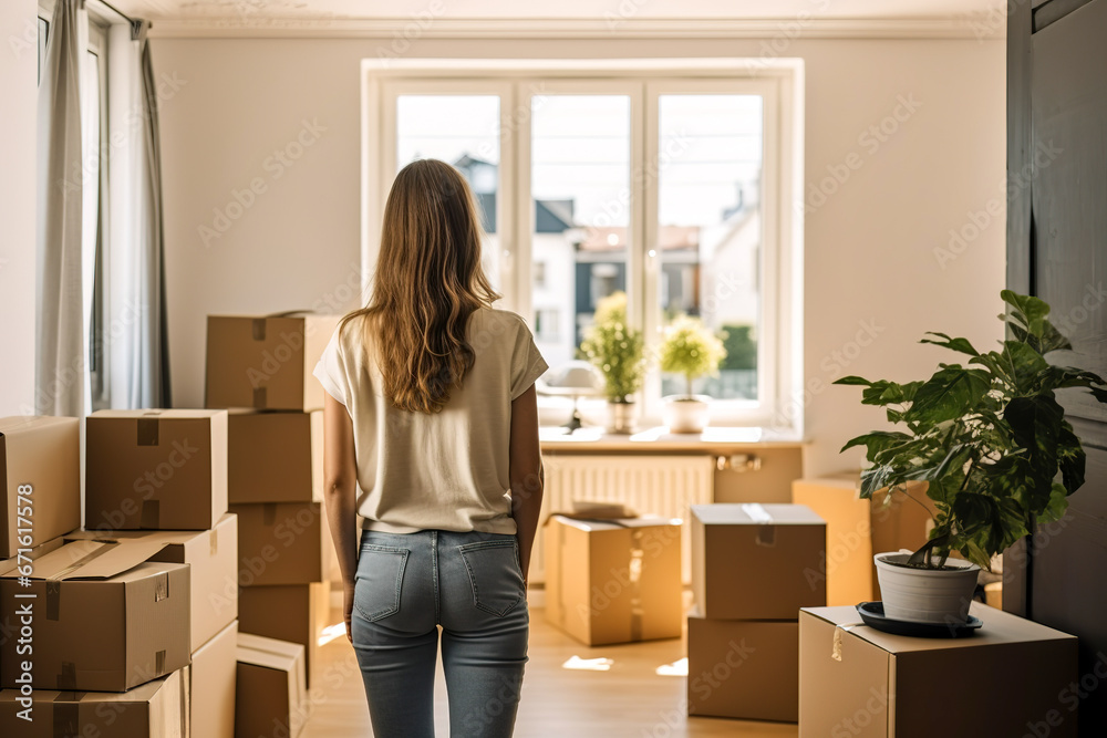 Young woman in apartment with many cardboard boxes. Moving day, new place and repair concept Young woman in apartment with many cardboard boxes. Moving day, new place and repair concept