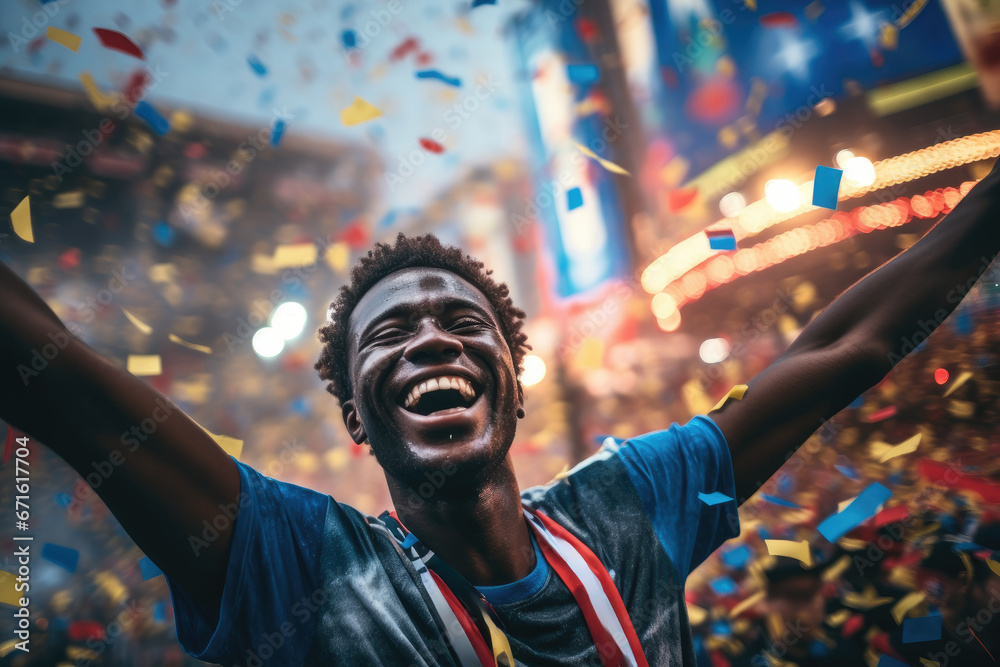 Euphoric Black Man Celebrating His Team's Victory with Club Flag and Confetti on the Street Euphoric Black Man Celebrating His Team's Victory with Club Flag and Confetti on the Street