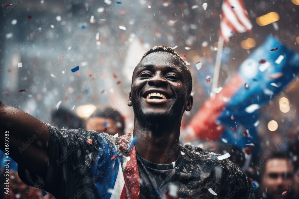 Euphoric Black Man Celebrating His Team's Victory with Club Flag and Confetti on the Street