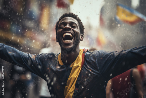 Euphoric Black Man Celebrating His Team's Victory with Club Flag and Confetti on the Street photo