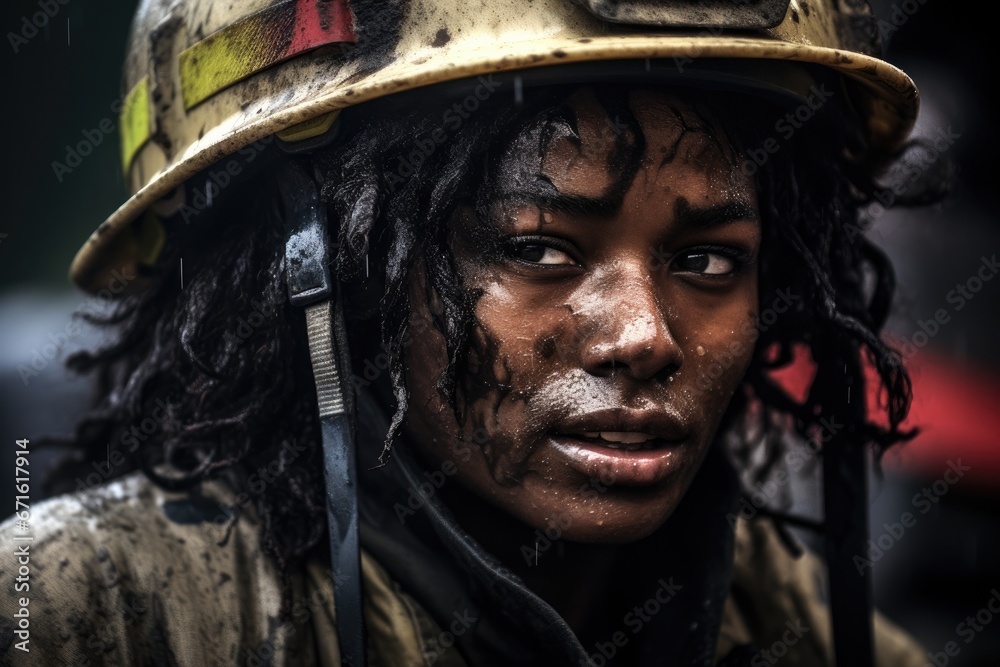 Exhausted African American Female Firefighter Portrait After Battling Fire - Strength and Resilience. Exhausted African American Female Firefighter Portrait After Battling Fire - Strength and Resilience.